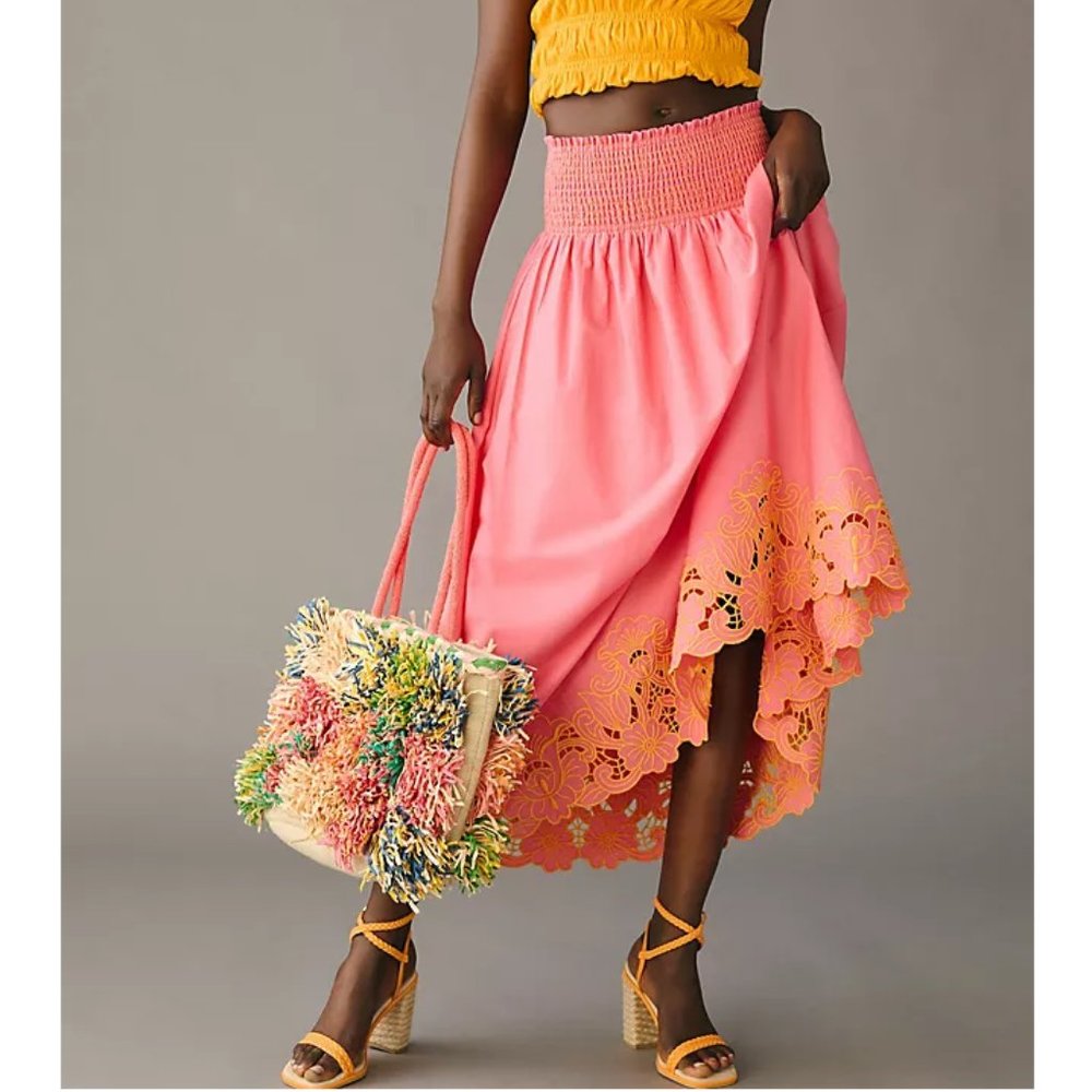 By Anthropologie Smocked Yoke Cutwork-Hem Skirt Hot Pink Medium
